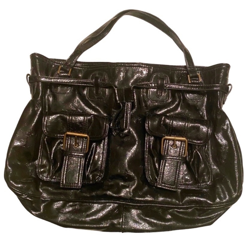 Black Faux Patent Leather Shoulder Bag